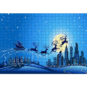 Noel Baba, Geyikler Ve Şehir Manzarası Puzzle Yapboz Mdf Ahşap 500 Parça