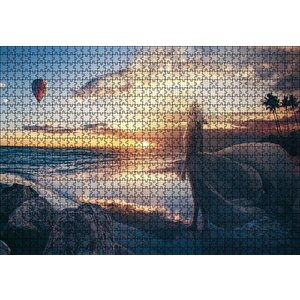 Günbatımı Sıcak Hava Balonu Sahil Ve Kadın Puzzle Yapboz Mdf Ahşap 1000 Parça
