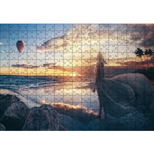 Günbatımı Sıcak Hava Balonu Sahil Ve Kadın Puzzle Yapboz Mdf Ahşap 255 Parça