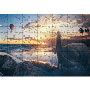 Günbatımı Sıcak Hava Balonu Sahil Ve Kadın Puzzle Yapboz Mdf Ahşap 120 Parça