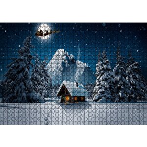 Kulübe Karlı Dağ Geyikler Ve Noel Baba Puzzle Yapboz Mdf Ahşap 1000 Parça
