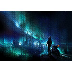 Motorcunun Gece Şehir Ve Gökyüzü Işıkları Manzarası Puzzle Yapboz Mdf Ahşap 1000 Parça