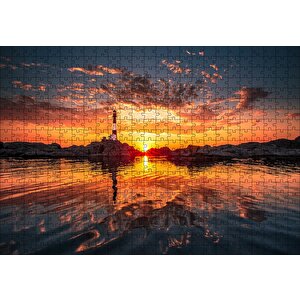 Günbatımı Deniz Feneri Kayalıklar Ve Bulutlar Puzzle Yapboz Mdf Ahşap 500 Parça