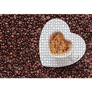 Kahve Çekirdekleri, Kalpli Fincanda Cappucino Puzzle Yapboz Mdf Ahşap 1000 Parça