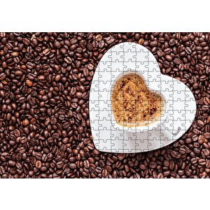 Kahve Çekirdekleri, Kalpli Fincanda Cappucino Puzzle Yapboz Mdf Ahşap 255 Parça