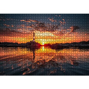 Günbatımı Deniz Feneri Kayalıklar Ve Bulutlar Puzzle Yapboz Mdf Ahşap 1000 Parça