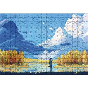 Sonbahar Ağaçları Bulutlar Göl Ve Kız Yağlı Boya Puzzle Yapboz Mdf Ahşap 255 Parça