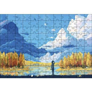 Sonbahar Ağaçları Bulutlar Göl Ve Kız Yağlı Boya Puzzle Yapboz Mdf Ahşap 120 Parça