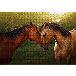 Yeşillikler Ve Kahverengi At Çifti Puzzle Yapboz Mdf Ahşap 500 Parça