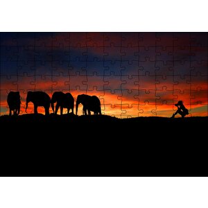 Günbatımı Filler Ve Safari Fotoğrafçısı Puzzle Yapboz Mdf Ahşap 120 Parça