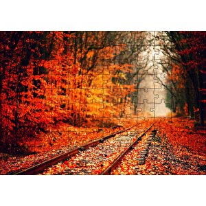 Tren Yolu Orman Bir Sonbahar Resmi Puzzle Yapboz Mdf Ahşap 120 Parça