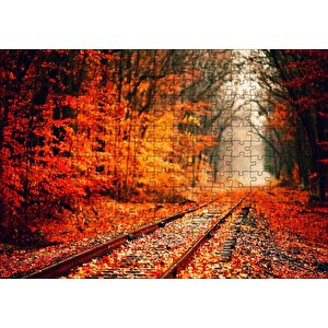 Tren Yolu Orman Bir Sonbahar Resmi Puzzle Yapboz Mdf Ahşap 255 Parça