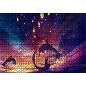 Yunuslar Ve Fantastik Sandalda Romantik Çift Puzzle Yapboz Mdf Ahşap 1000 Parça