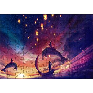 Yunuslar Ve Fantastik Sandalda Romantik Çift Puzzle Yapboz Mdf Ahşap 120 Parça