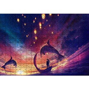 Yunuslar Ve Fantastik Sandalda Romantik Çift Puzzle Yapboz Mdf Ahşap 255 Parça