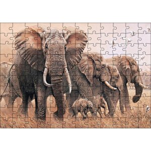 Doğada Fil Ayleleri Kuşlar Görseli Puzzle Yapboz Mdf Ahşap 120 Parça