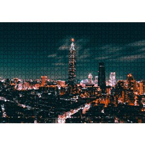 Tayvan Taipei Gece Şehir Manzarası Puzzle Yapboz Mdf Ahşap 1000 Parça
