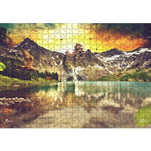 Gündoğumu Tapınak Ve Göl Manzarası Puzzle Yapboz Mdf Ahşap 500 Parça