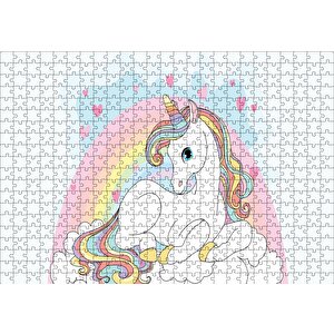 Unicorn Bulutlar Ve Kalpler Puzzle Yapboz Mdf Ahşap 500 Parça