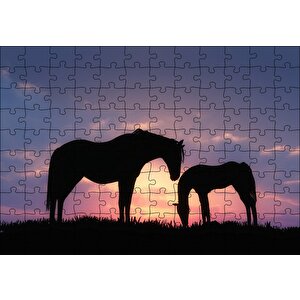Günbatımı İki At Silüeti Puzzle Yapboz Mdf Ahşap 120 Parça