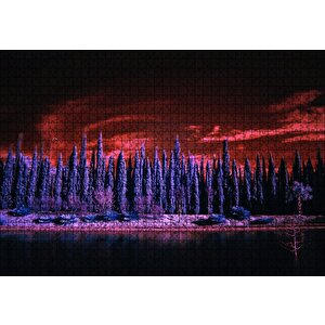Kızıl Gökler, Göl Ve Karlı Mor Ağaçlar Puzzle Yapboz Mdf Ahşap 1000 Parça