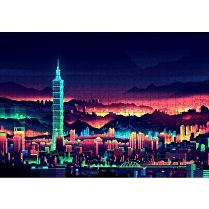 Tayvan Taipei Gece Manzarası Artwork Puzzle Yapboz Mdf Ahşap 500 Parça