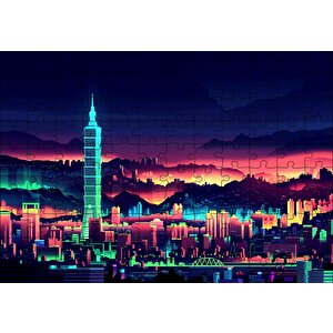 Tayvan Taipei Gece Manzarası Artwork Puzzle Yapboz Mdf Ahşap 120 Parça