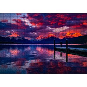 Mor Bulutlar, Gün Batımı, Göl Ve İskeledeki Adam Puzzle Yapboz Mdf Ahşap 500 Parça