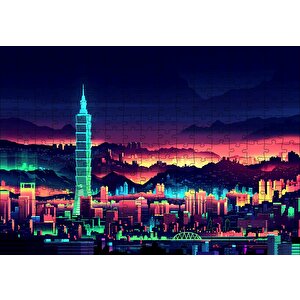 Tayvan Taipei Gece Manzarası Artwork Puzzle Yapboz Mdf Ahşap 255 Parça
