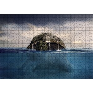 Deniz Kaplumbağası Sırtında Ada Ve Şelaleler İllüstrasyon Puzzle Yapboz Mdf Ahşap 500 Parça