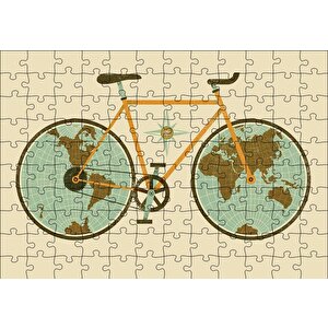 Dünya Haritası Tekerlekli Bisiklet Puzzle Yapboz Mdf Ahşap 120 Parça