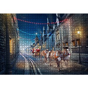 Nostaljik Sokakta Noel Baba Ve Geyikleri Puzzle Yapboz Mdf Ahşap 1000 Parça