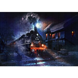 Gece Ve Buharlı Tren Puzzle Yapboz Mdf Ahşap 120 Parça