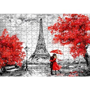 Eyfel Kulesi Kırmızı Ağaçlar Kırmızı Şemsiyeli Çift Puzzle Yapboz Mdf Ahşap 255 Parça