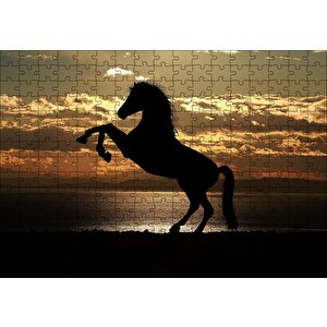 Günbatımı Şahlanmış At Silüeti Puzzle Yapboz Mdf Ahşap 255 Parça
