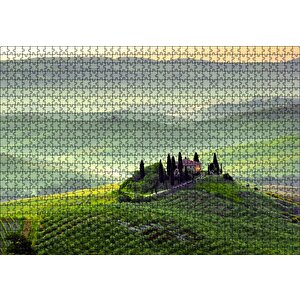 Cakapuzzle  İtalya Toscano Tepedeki Ev Ve Dağlar Puzzle Yapboz Mdf Ahşap
