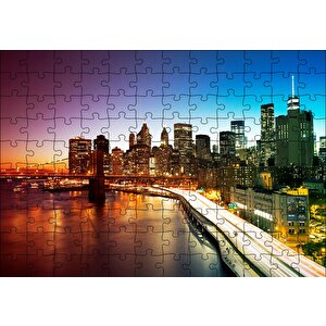 New York Manhattan Köprüsü Ve Gece Manzarası Puzzle Yapboz Mdf Ahşap 120 Parça
