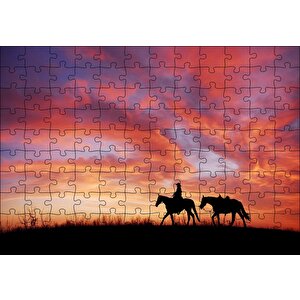 Günbatım Kovboy Ve İki At Silüeti Puzzle Yapboz Mdf Ahşap 120 Parça