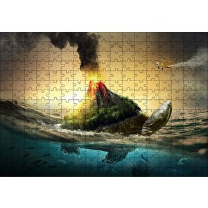Kaplumbağa Sırtındaki Volkanik Ada İllüstrasyon Puzzle Yapboz Mdf Ahşap 255 Parça