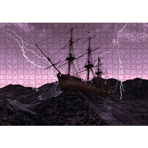 Dev Dalgalarla Boğuşan Gulet Ve Şimşekler Puzzle Yapboz Mdf Ahşap 500 Parça