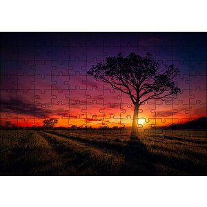 Günbatımı Çayırlar Ve Yalnız Ağaç Puzzle Yapboz Mdf Ahşap 120 Parça