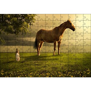 Kız Dev At Ve Çayırlar Fantastik İllüstrasyon Puzzle Yapboz Mdf Ahşap 120 Parça