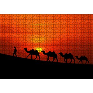 Günbatımında Develeri Çeken Adam Puzzle Yapboz Mdf Ahşap 1000 Parça