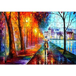 Yağmur Sahil Şemsiyeli Çift Yağlı Boya Puzzle Yapboz Mdf Ahşap 120 Parça