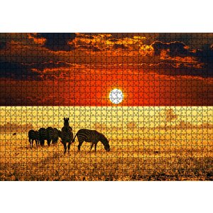 Günbatımı Savana'da Zebralar Puzzle Yapboz Mdf Ahşap 1000 Parça