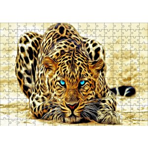 Mavi Gözlü Leopar İllüstrasyon Puzzle Yapboz Mdf Ahşap 255 Parça