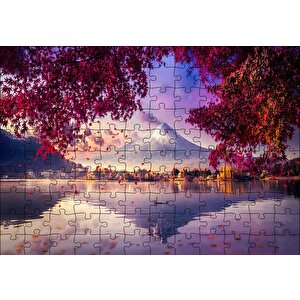 Sonbaharda Göldeki Kayık Ve Karlı Zirve Puzzle Yapboz Mdf Ahşap 120 Parça