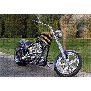 Altın Ve Lacivert Chopper Motorsiklet Puzzle Yapboz Mdf Ahşap 500 Parça