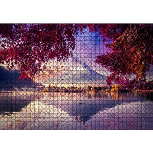 Sonbaharda Göldeki Kayık Ve Karlı Zirve Puzzle Yapboz Mdf Ahşap 1000 Parça