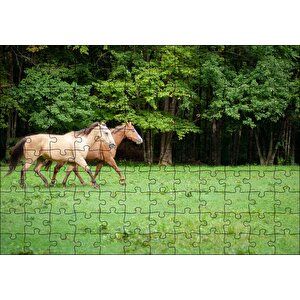 Orman Yeşil Çayırlar Ve Bir Çift At Puzzle Yapboz Mdf Ahşap 120 Parça